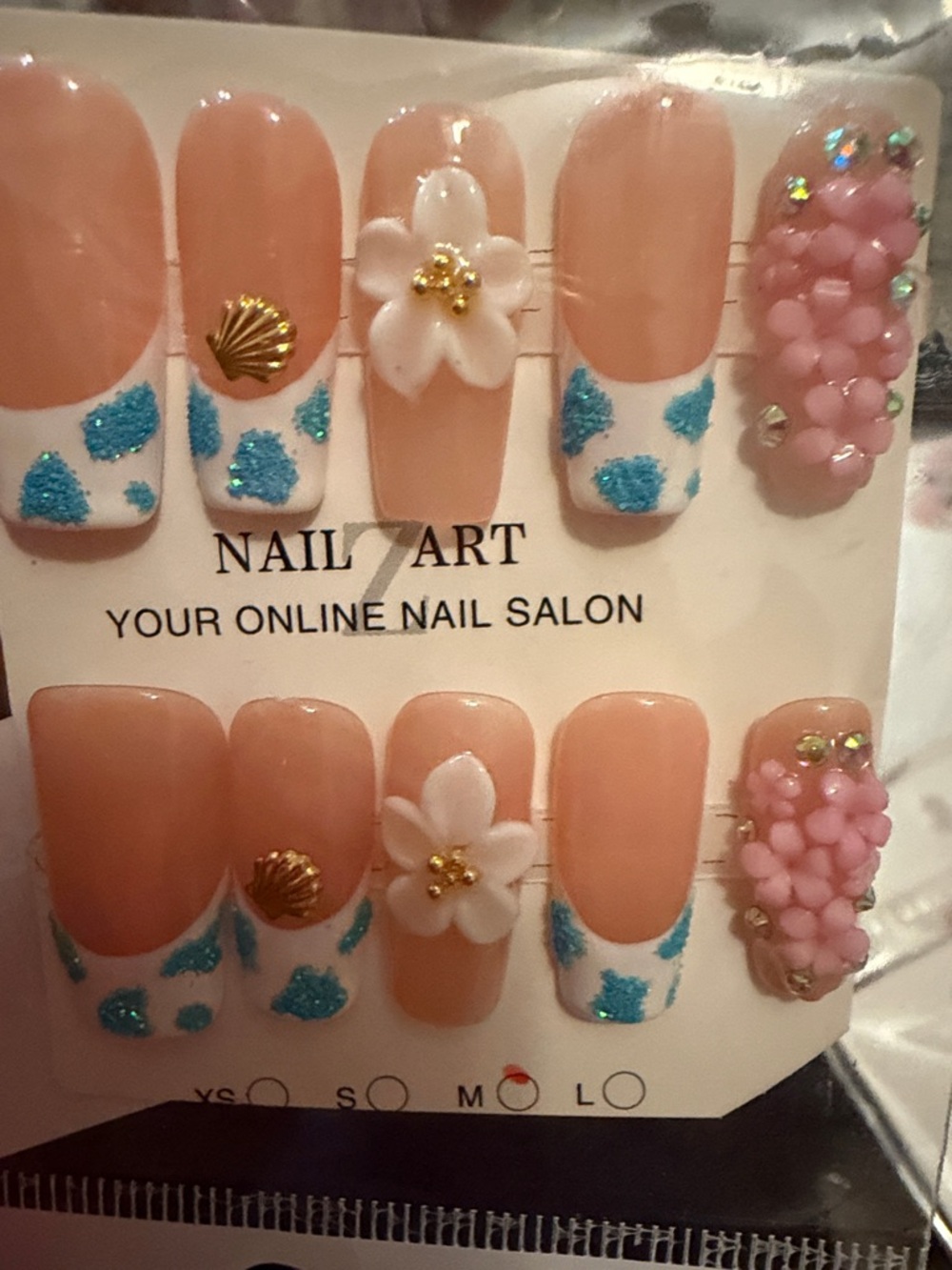 3D Floral & Glitter handmade acrylic Press-On Nail Set - Nude, White, Blue, Pink